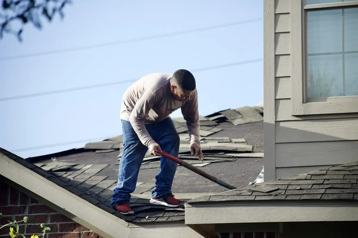 Roofer lifting old shingles with a pry bar on a two-story home